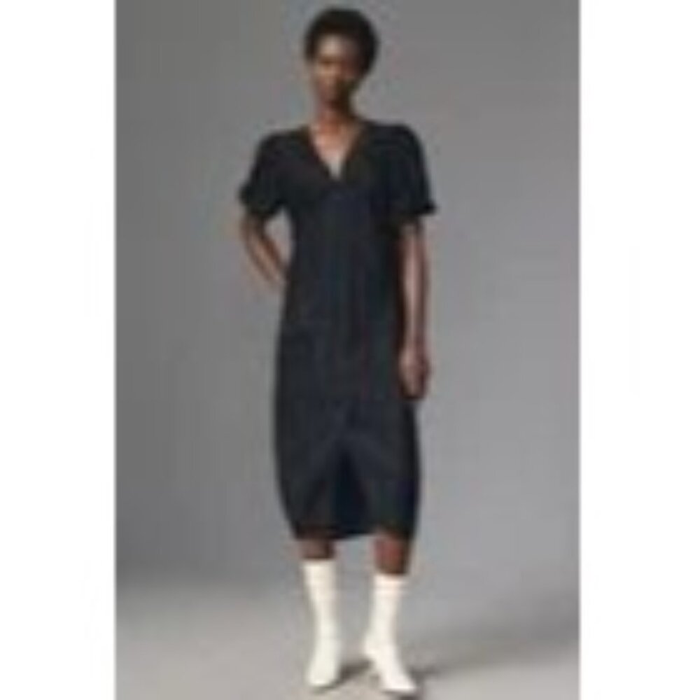 Black Midi Dress With Puff Sleeves & V-Neck By Anthropologie‎ L